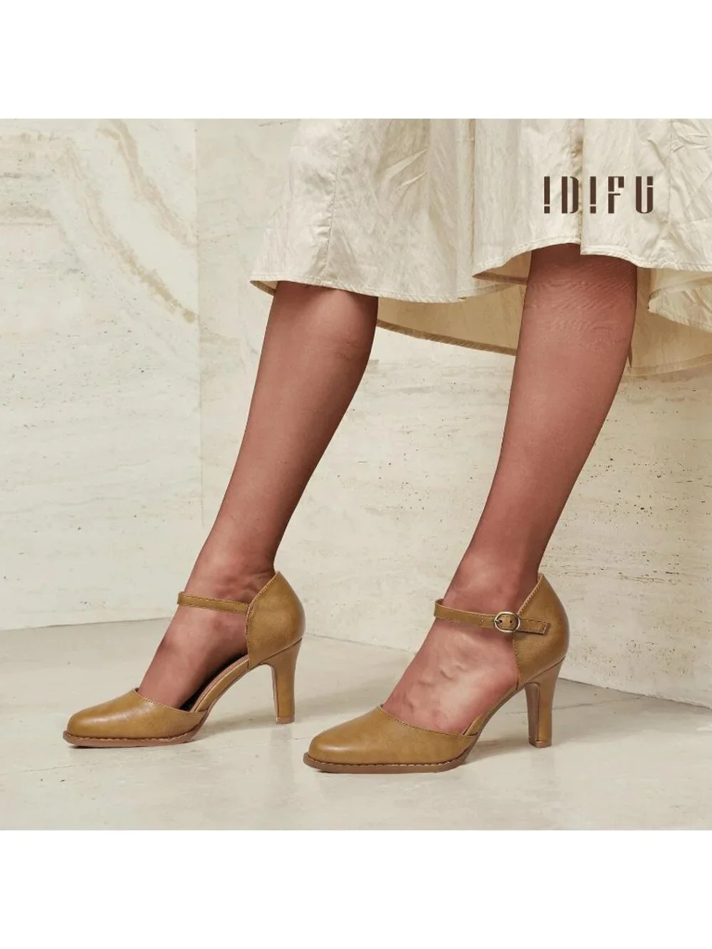 Women's Light Brown Pu Closed Toe Chunky High Heel Comfortable Dress Pumps Shoes